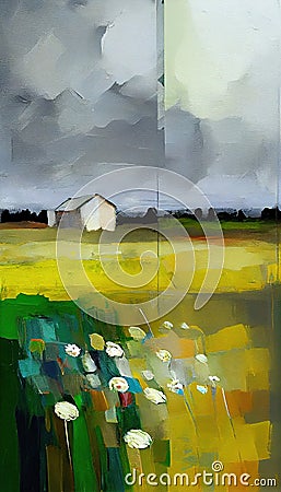 Farm on The Plains of Obscurity With Light Flowers on Canvas Oil Painting AI Generative Stock Photo