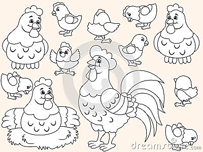 Farm poultry, hen, rooster and chicks in different poses. Isolated animals for stickers. Children coloring book. Cartoon Illustration