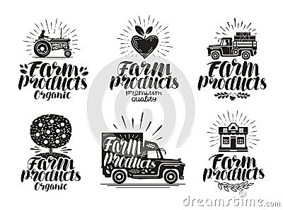 Farm product, label set. Agriculture, farming icon or logo. Lettering, calligraphy vector illustration Vector Illustration