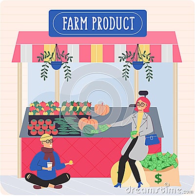 Farm product shop, family business. Unemployed guy and successful businesswoman gives money to him Vector Illustration