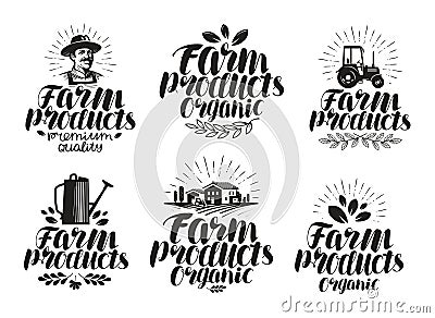 Farm products, label set. Farming, agriculture icon or symbol. Handwritten lettering vector illustration Vector Illustration