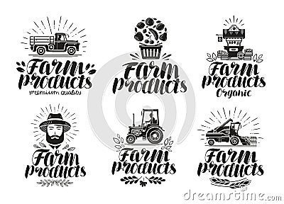 Farm products, label set. Farming, agriculture logo or icon. Lettering vector illustration Vector Illustration