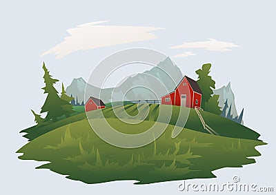 Farm or ranch in the mountain alpine landscape. Isolated vector illustration. Vector Illustration