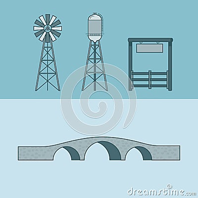 Farm rancho entrance countryside water tower bridg Vector Illustration