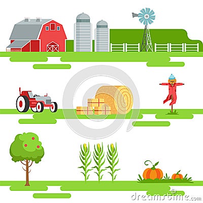 Farm Related Elements In Geometric Style Set Of Illustrations Vector Illustration