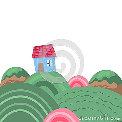 Farm rice field green grass landscape nature scene village countryside illustration agriculture whimsical fantasy children style Cartoon Illustration