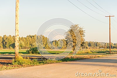 Farm road and snowcapped Mountain Rainier at background in Kent, Washington at sunset Stock Photo