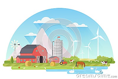 Farm rural landscape Agriculture and Farming cartoon vector illustration. Vector Illustration