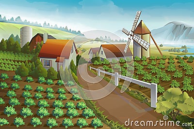 Farm rural landscape background Vector Illustration