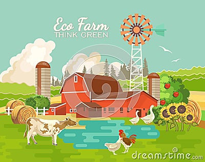 Farm rural landscape with pond. Agriculture vector illustration. Colorful countryside. Poster with retro village and farm. Fl Vector Illustration