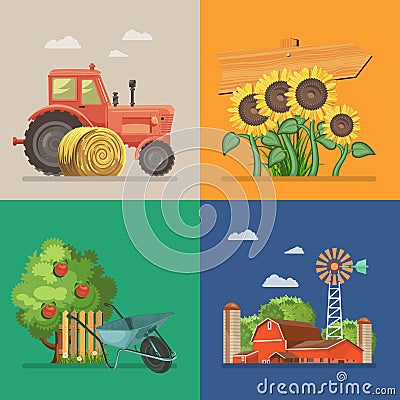 Farm rural landscape with tractor, sunflowers, farm and apple tree. Line. Agriculture vector illustration. Colorful countryside. Vector Illustration