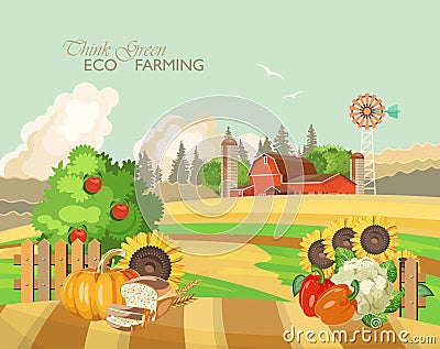 Farm rural landscape with vegetables. Agriculture vector illustration. Colorful countryside. Poster with retro village and farm Vector Illustration