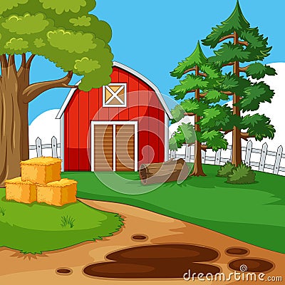 Farm scene with barn and trees Vector Illustration