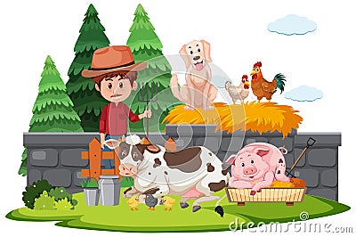 Farm scene with farmer and many animals on the farm Vector Illustration
