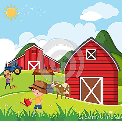 Farm scene with kids working on the farm Vector Illustration