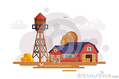 Farm Scene with Red Barn and Wooden Water Tower at Autumn Rural Landscape, Agriculture and Farming Concept Cartoon Vector Illustration