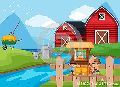 Farm scene with two children feeding chickens on the farm Vector Illustration
