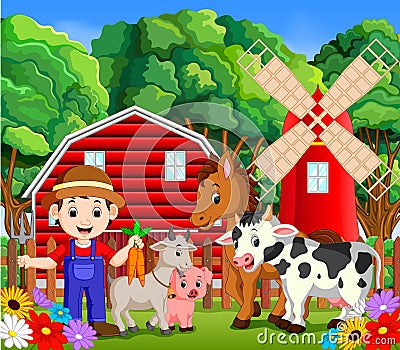 Farm scenes with many animals and farmers Vector Illustration