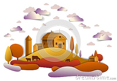 Farm in scenic autumn landscape of fields and trees and wooden country buildings, clouds in the sky, cow milk ranch, countryside Vector Illustration