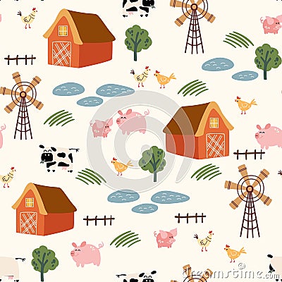 Farm Seamless childish pattern with farm house, pigs, tree and windmill. Vector Illustration