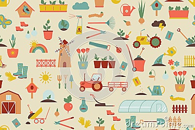 Farm seamless pattern of agriculture. Plants and gardening tools. Plant planting and plant care. Flower business. Agricultural Vector Illustration