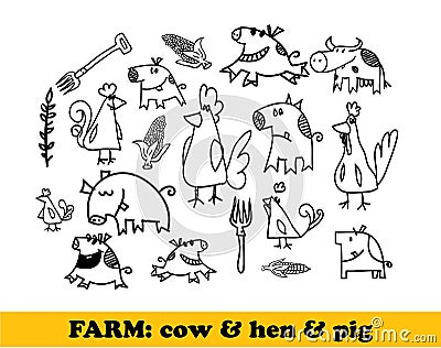 Farm set - cows, hens, pigs Vector Illustration