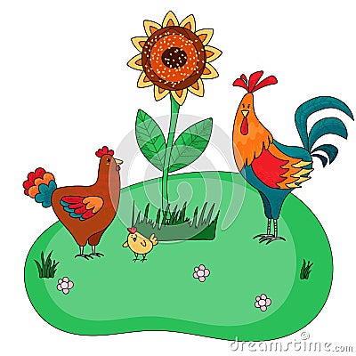 Farm set of hen with rooster and cute chick on green background with sunflower. Vector illustration for kids book Vector Illustration