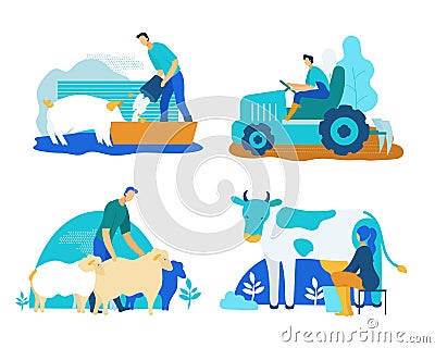 Farm Set with Pigs, Cows, Sheep Cartoon Flat. Vector Illustration