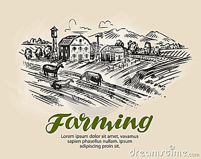 Farm sketch. Agriculture, farming vector illustration Vector Illustration