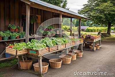 farm stand with baskets of freshly picked produce, ready for customers Stock Photo