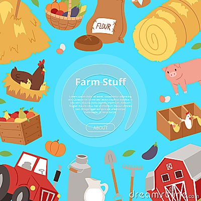 Farm stuff and agribusiness background. Bannner with cartoon farm equipment, food and animals vector illustration Vector Illustration