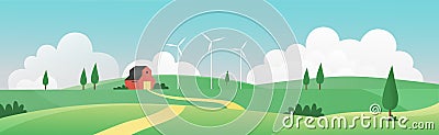 Farm summer wide panorama landscape vector illustration. Cartoon farmland countryside background scene with farmer house Vector Illustration
