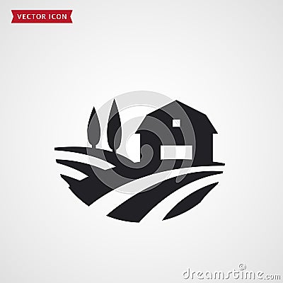 Farm barn and fields. Farmhouse vector icon. Vector Illustration