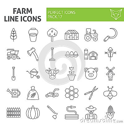 Farm thin line icon set, agriculture symbols collection, vector sketches, logo illustrations, gardening signs linear Vector Illustration