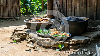 Farm-to-Table Delight: Rustic Chicken with Fresh Vegetables in the Village Stock Photo