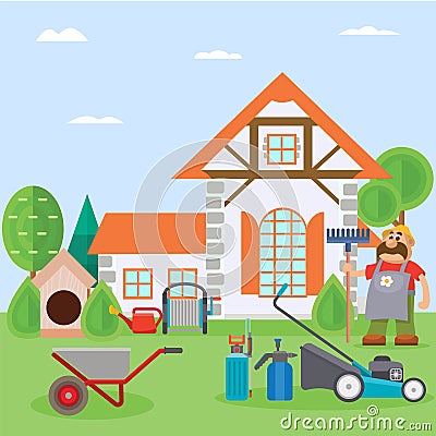 Farm tools, home comfort, gardener working outdoors, agriculture, harvesting and lawn care, cartoon style vector Vector Illustration
