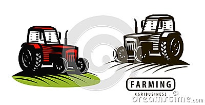 Farm tractor logo or label. Agriculture, farming, agribusiness symbol. Vector illustration Vector Illustration