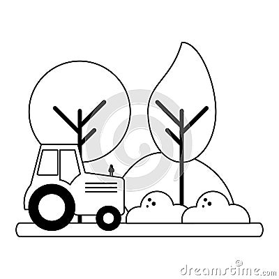 Farm tractor riding in harvest black and white Vector Illustration