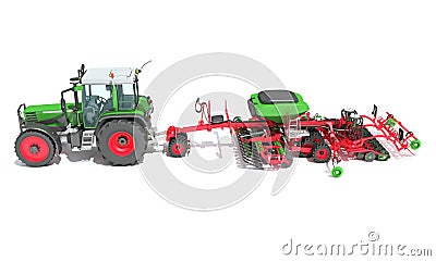 Farm Tractor with Trailed Disc Harrow 3D rendering on white background Stock Photo