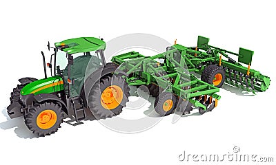 Farm Tractor with Trailed Disc Harrow 3D rendering on white background Stock Photo