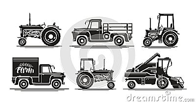 Farm transport, set icons. Agricultural tractor, truck, lorry, harvester, combine, pickup, car symbol. Silhouette vector Vector Illustration