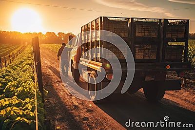 farm truck carries farm workers or farm supplies to various locations on the farm. Golden hour with warm, soft lighting. Evening. Stock Photo