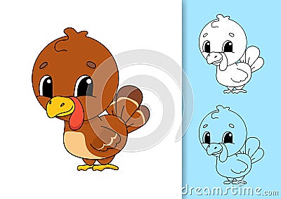 Farm turkey. Set of vector illustrations isolated on white and colored background. Design element. Black stroke. Cartoon style Vector Illustration