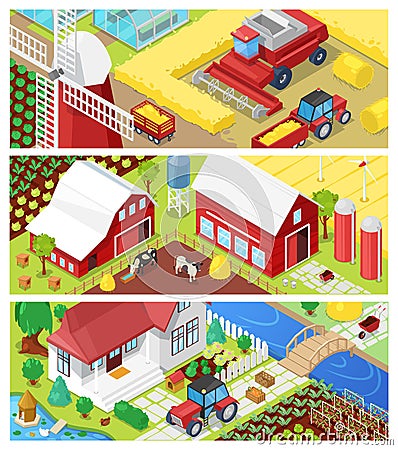 Farm vector farming agriculture in fields and farmhouse illustration agricultural set of rural house on farmland or Vector Illustration