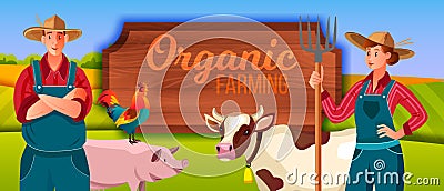 Farm vector illustration with woman, man, pig, cow, cockerel, wooden signboard. Vector Illustration