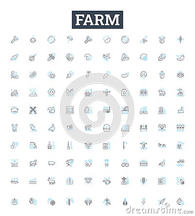 Farm vector line icons set. Farm, Agriculture, Crops, Livestock, Harvest, Fields, Tillage illustration outline concept Vector Illustration