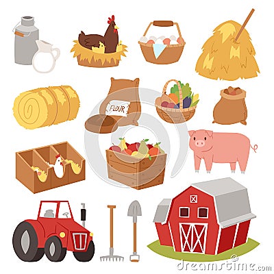 Farm vector tools and symbols house, traktor cartoon farming village symbols animal and vegetables agriculture farmland Vector Illustration