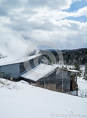 Maple sugar shack with steam raising Stock Photo