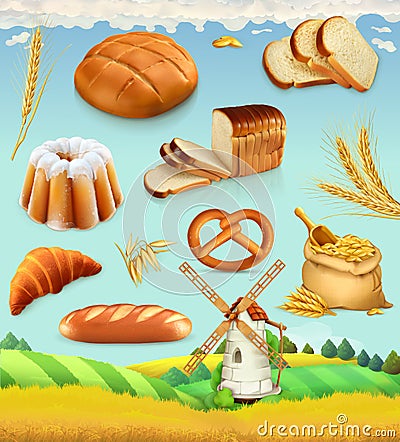 Farm. Wheat and bread. 3d vector set Vector Illustration
