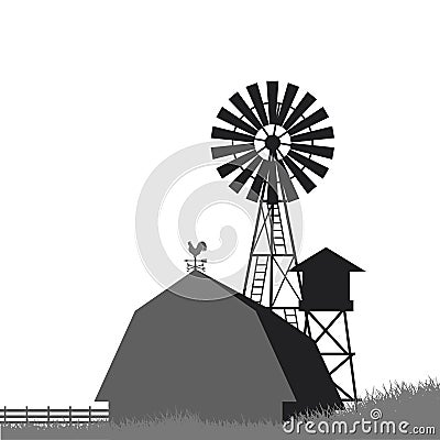 Farm windmill, barn, fence, house Vector Illustration